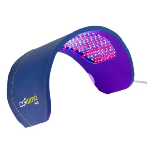 Blue Celluma Pro LED light therapy device curved and glowing with red and blue lights